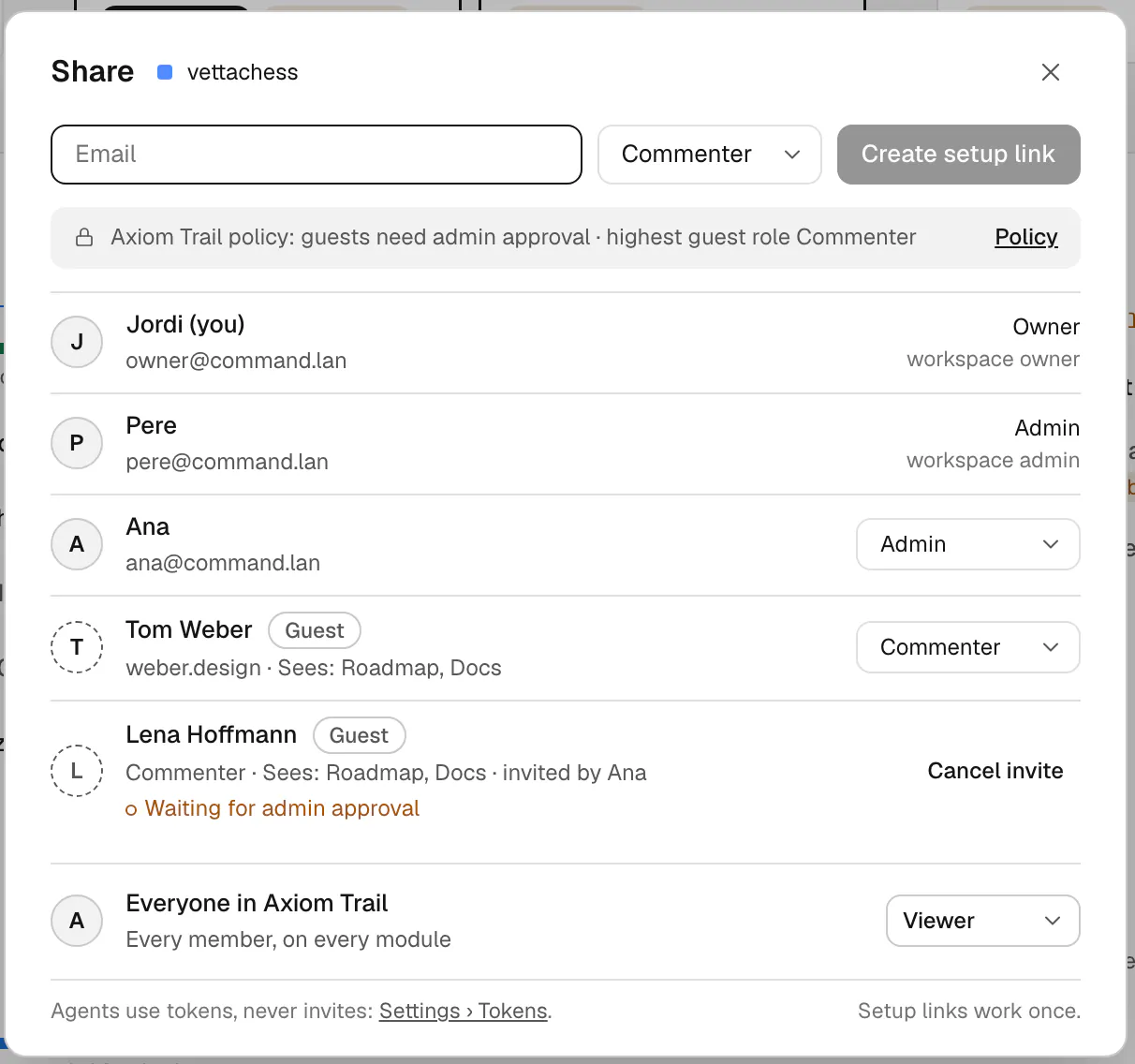 The share dialog for a project: owner, admin and members with their roles, two guests who see Roadmap and Docs only, and one guest waiting for admin approval.