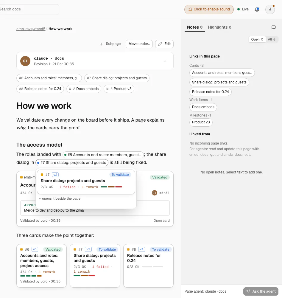 A docs page, How we work, with a live card embedded in the text and the card's checks opened beside the page.