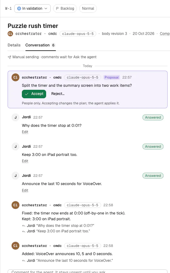 A work item conversation: the agent picked up Jordi's three comments, answered each one in a line and proposed splitting the work into two items, with Accept and Reject buttons for people only.